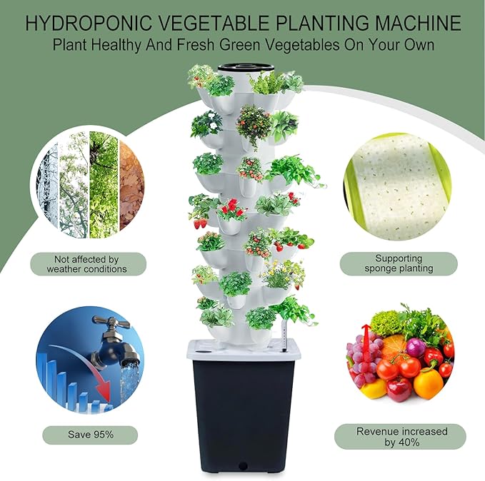 Hydroponics Tower Indoor Growing System Vertical Garden Planter Indoor Smart Garden Kit with Pump and Movable Water Tank Vegetable Plant Gift for Gardening Lover (35-Plants)