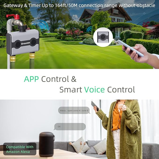 WiFi Sprinkler Timer 2 Outlet Water Timer with Rain Delay APP Control via 2.4Ghz WiFi and Bluetooth Outdoor Watering Automate Water & Sprinkler Schedules for Garden