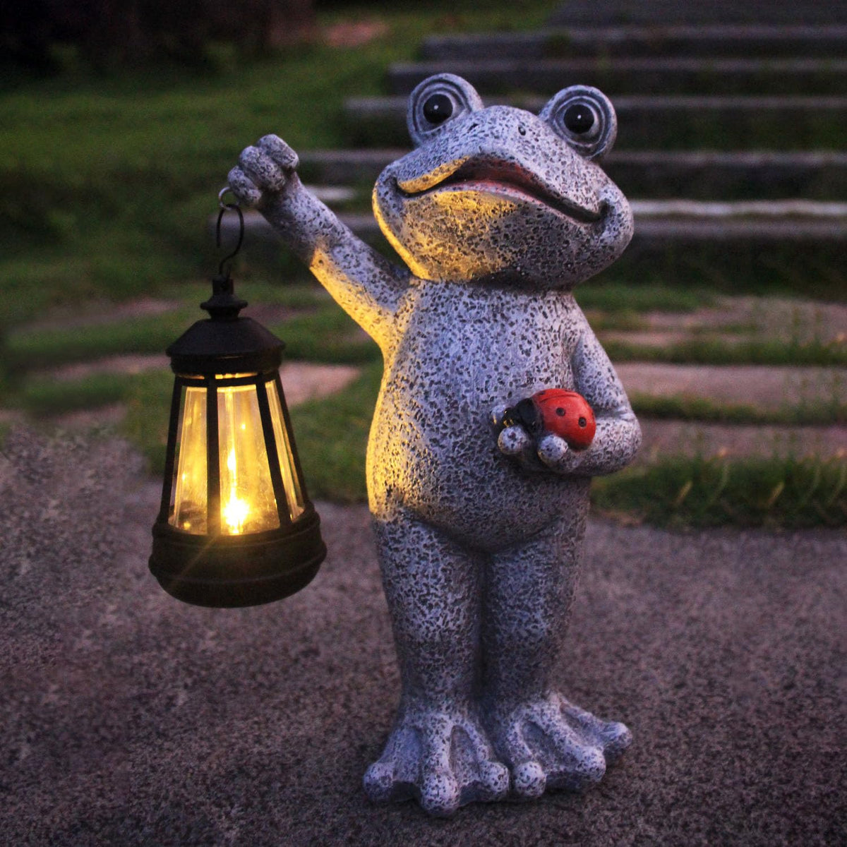 Yewanye Solar Frog Garden Statue, Resin Figurine with Ladybug & Hanging Solar Lantern Outdoor Decor