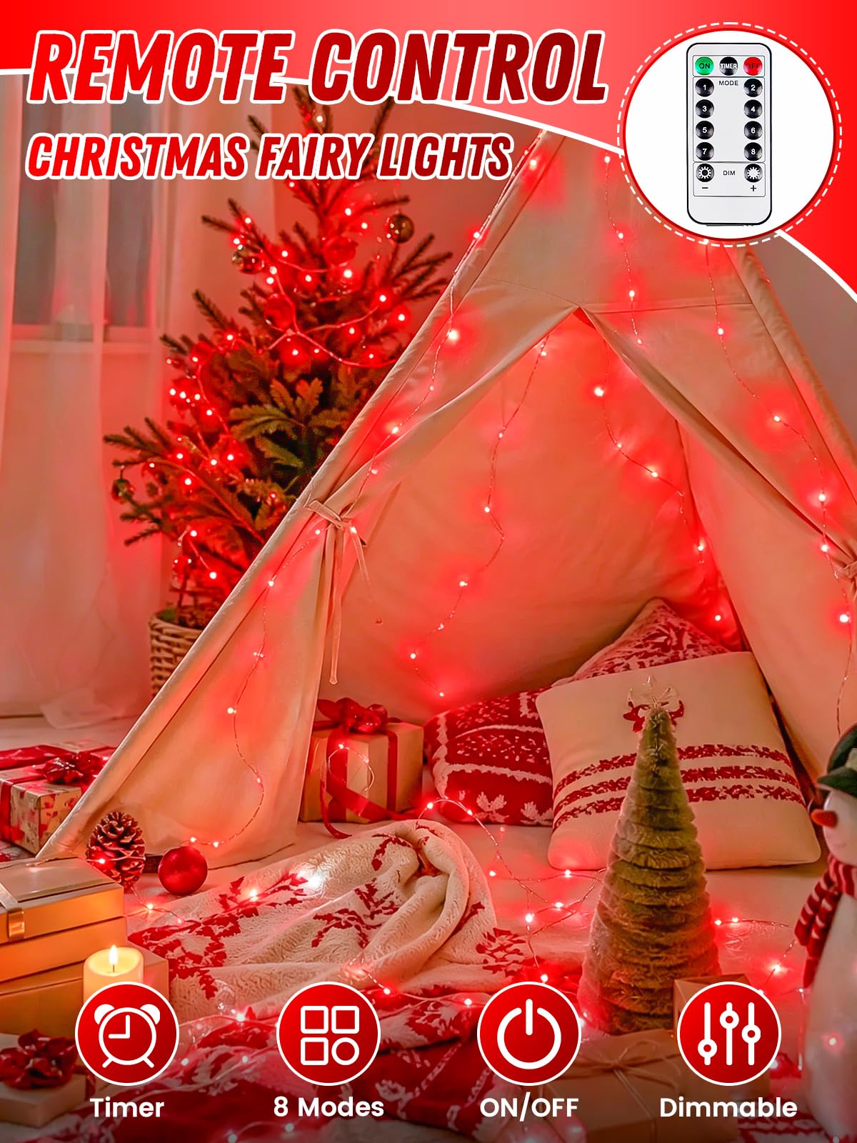 2 Pack 100 LED Fairy Lights Battery Operated with Remote Timer, 33 FT Red