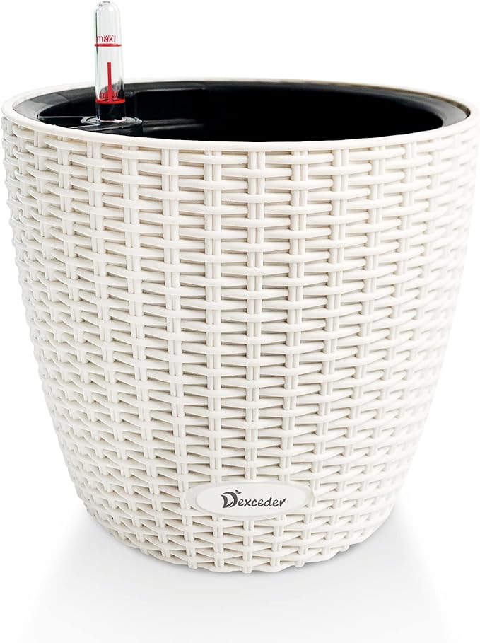 Dexceder 11x10 Inches Rattan Self Watering Planter Indoor Outdoor, Inner Pot Design, Thickened Table Flower Plant Pot with Water Level Indicator (Ivory White)