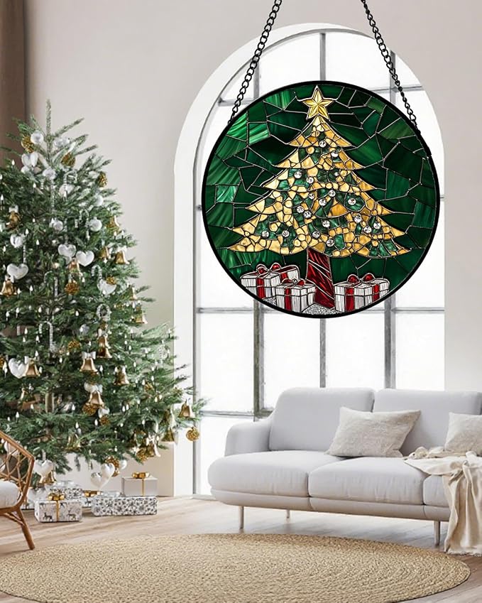 HWRHTR Stained Glass Window Hanging - Gold Green Christmas Tree Suncatcher for Doors Home Christmas Decoration Winter Sun Catcher Thanksgiving New Year Birthday Gifts for Women Men Mom Nana 11.8 in
