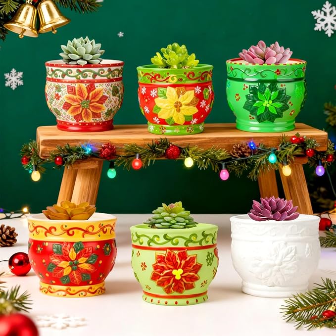 Pasimy 6 Set Ceramics to Paint DIY Ceramic Succulent Planter Pots Paint Your Own Flower Pots Craft Kit Unpainted Bisque Flowerpot with Brush Palette for Family Activity Holiday Gifts(Holly Leaf)