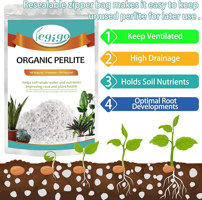 Legigo 2 Quarts Organic Horticultural Perlite for Plants Indoor- Natural Horticultural Soil Additive Conditioner Mix for Improves Drainage, Ventilation and Root Growth