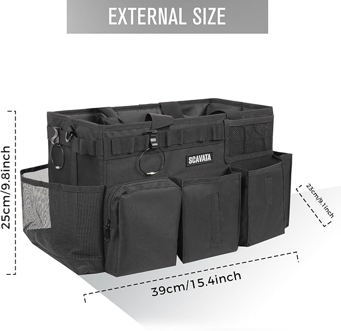Wearable Cleaning Caddy Bag, Supplies Organizer with Handle & Shoulder Straps for Housekeepers, Under Sink & Car Cleaning Tool Organizer with 4 Foldable Dividers (Black)