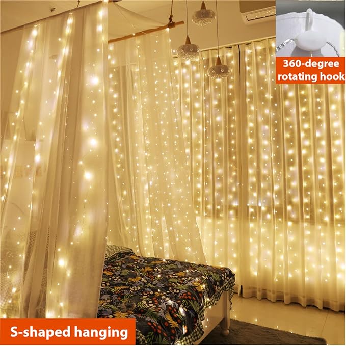 ZSJWL 2 Pack Curtain Lights, 300 LED Curtain Fairy Lights with Remote, 8 Modes 9.8 × 9.8 Ft Curtain String Lights, USB Plug in Copper Wire Lights for Bedroom Window Chrismas Wedding Party, Warm White
