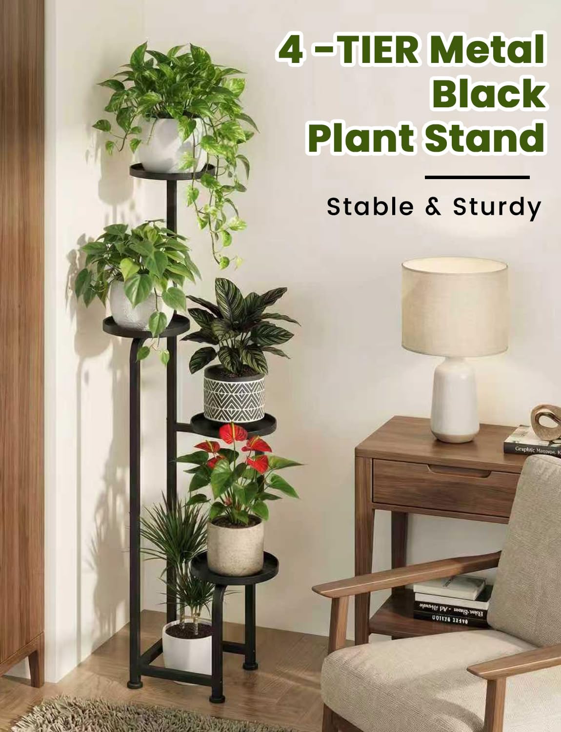 TOSKING Tall 4-Tier Square Metal Plant Stand Outdoor, Drainage Trays, Black