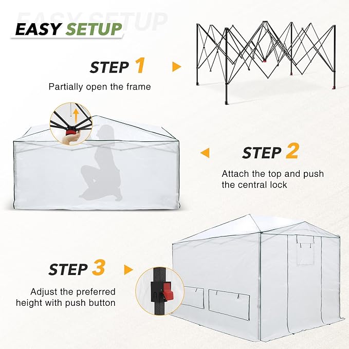 EAGLE PEAK Instant Pop-up Greenhouse, Indoor Outdoor Plant Gardening Green House, Roll-Up Zipper Doors and Side Windows & Winter Support Pole, Heavy Duty Walk in 12x8 ft, Woven PE Cover, White