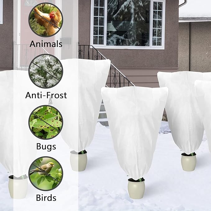 48x72in Plant Covers Freeze Protection Frost Blanket, 2.5oz/yd² Reusable Frost Cloth with Drawstring, Winter Plants Jacket Warm Shrubs Cover Protection for Outdoor Garden Plants & Vegetables, 2 Packs