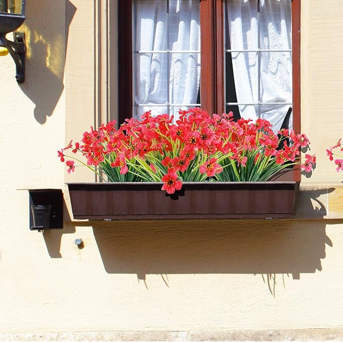 JEMONG 20 Bundles Artificial Flowers Outdoor UV Resistant Fake Flowers No Fade Faux Plastic Plants Garden Porch Window Box Decorating (Deep Red)…