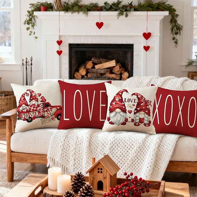 NIGHTWISH Valentine's Day Pillow Covers 18x18 Set of 4 Love Heart Truck Gnomes Valentines Day Decorations XOXO Wedding Throw Cushion Case for Sofa Couch
