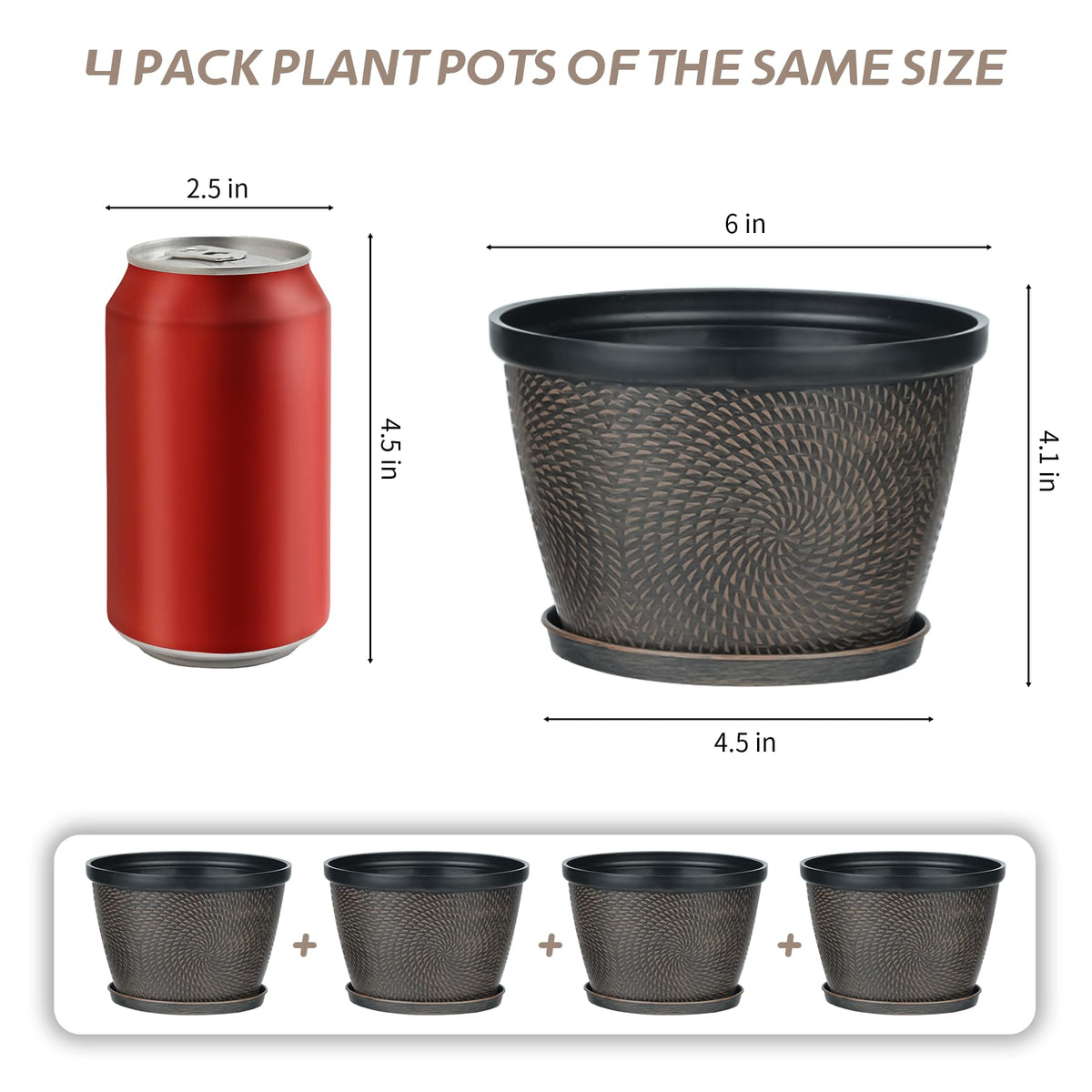 Quarut 4 Pack 6 Inch Flower Pots Planters for Outdoor Indoor