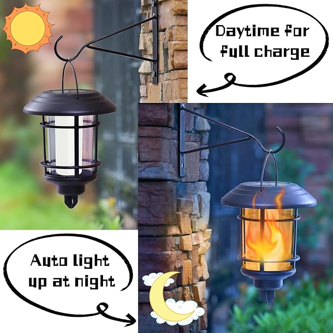 Dynaming 4 Pack Solar Flame Wall Lanterns Outdoor, Solar Powered Wall Mounted Sconce Lights, Flickering Flame LED Light Auto On/Off Hanging Lights, Waterproof for Garage Stair Patio Porch Yard