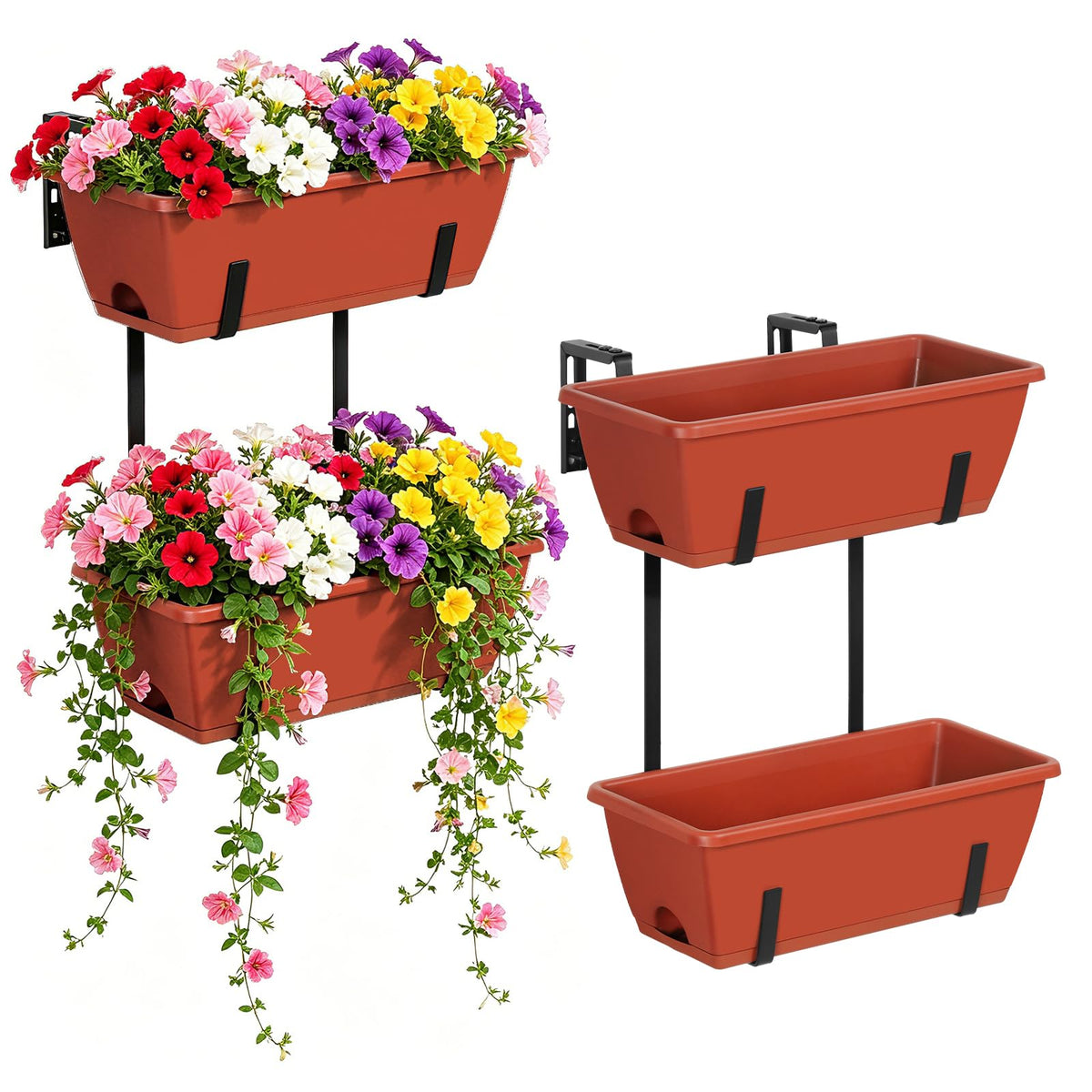 Railing Planter Box Set of 2, 4 Pack Brick Red Window Boxes Planters