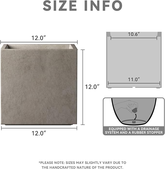 Kante 12 Inch Square Concrete Planter for Outdoor Indoor Home Patio Garden, Large Plant Pot with Drainage Hole and Rubber Plug, Weathered Concrete