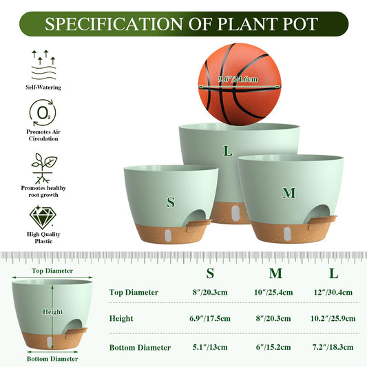 KUGAZ Self Watering Pots with Drainage Holes, 3 Pack 12/10/8 Inch Plant Pots with Water Level Indicator Deep Reservoir, Large Plastic Planter for Indoor Outdoor Plants - Green Brown