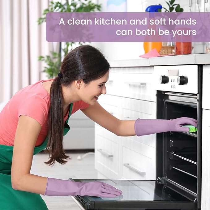 Rubber Cleaning Gloves for Dishwashing, 4 Pairs Reusable Kitchen Gloves for Washing Dishes and Household Cleaning, Purple Dish Gloves with Flocked Lining and Non-Slip Grip, Pefect for Woman Men - M