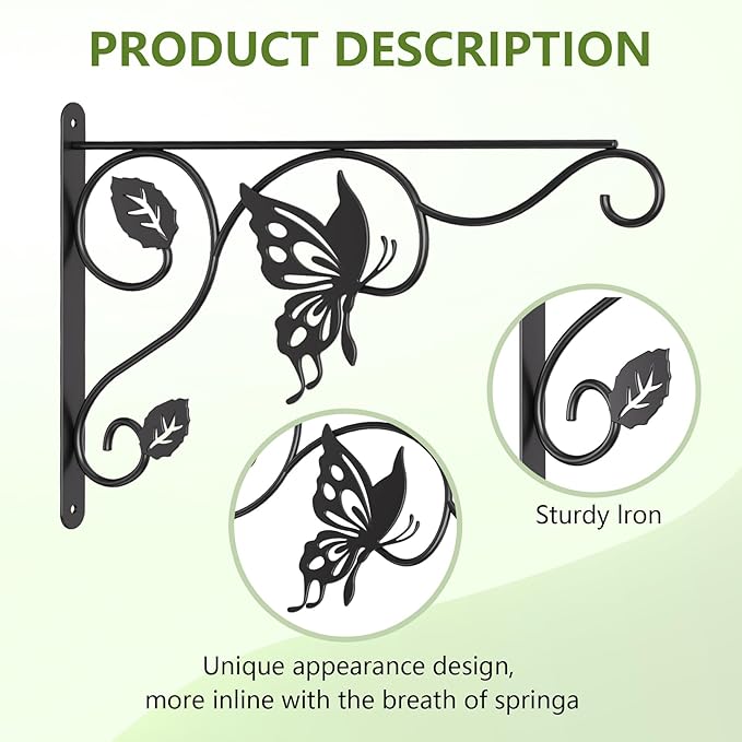 2 Pack Heavy Duty Plant Hooks for Hanging - 12 Inch Metal Wall Hangers Indoor/Outdoor, Sturdy Plant Bracket for Bird Feeders, Planters, Lanterns, Wind Chimes - Patio, Garden, Home Decor (Black)