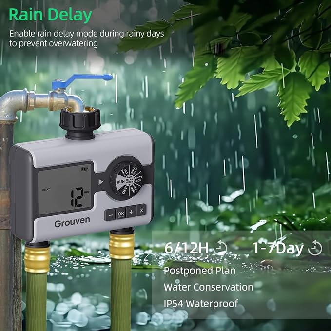 2 Outlet Sprinker Timer with Brass Inlet, Programmable Hose Faucet Water Timer for Garden Hose, Rain Delay, Manual, Automatic Watering System for Garden, Yard