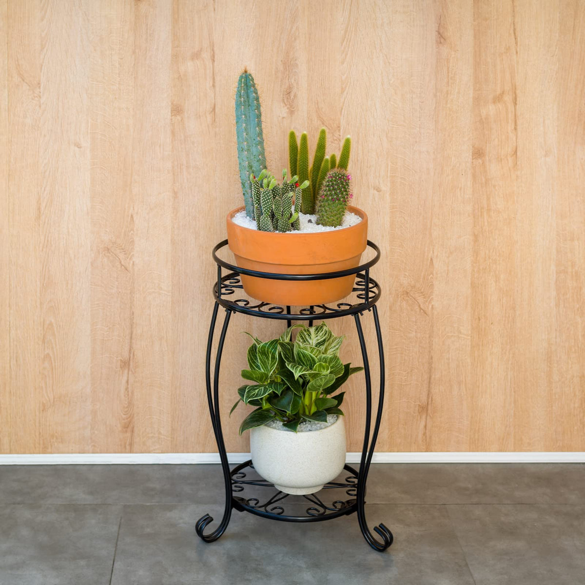 FaithLand 2 Tier Black Metal Plant Stand Indoor Outdoor, 19.4", 2 Pack