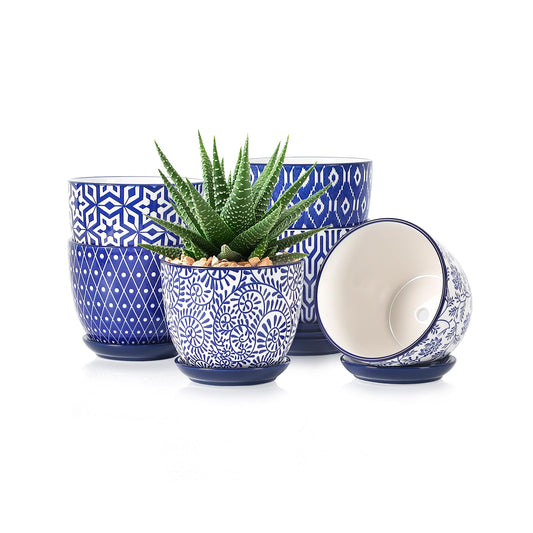 Selamica Ceramic Succulent Pots, 4.6 Inch Small Plant Pots with Drainage Holes & Saucers, Succulent Planters for Indoor Plants Cactus, Home Decor, Set of 6, Vintage Blue