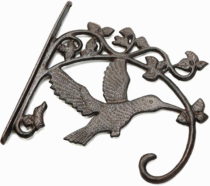 Sungmor Cast Iron Plant Hanger Wall Hooks, Heavy Duty Hanging Basket Brackets, Hummingbird Shape & 10.4 inch & 2PC Brown, Decorative Wall Hangers for Planters Lanterns Bird Feeders Houses Wind Chimes