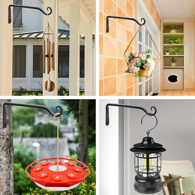 FEED GARDEN Wall Hook Hanging Plant Bracket 10 Inch 2 Pack, Hand-Forged Plant Hanger for Hanging Bird Feeders, Wind Chimes, Flower Baskets, Yoga Mat, Indoor/Outdoor Use, Black