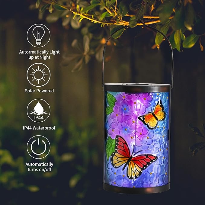 Afirst Solar Lantern Outdoor Hanging Glass Butterfly Solar Lights Waterproof Led Lamp for Garden Yard Tree Desk Decor
