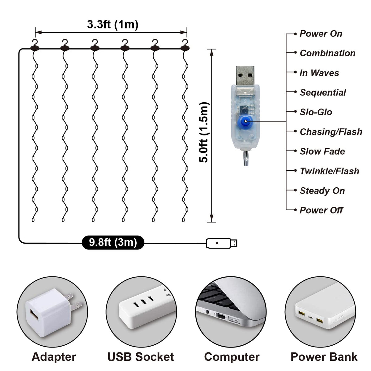 HXWEIYE Short Curtain Lights, 3.3x5FT 96LED USB, Remote, 8 Modes & Timer
