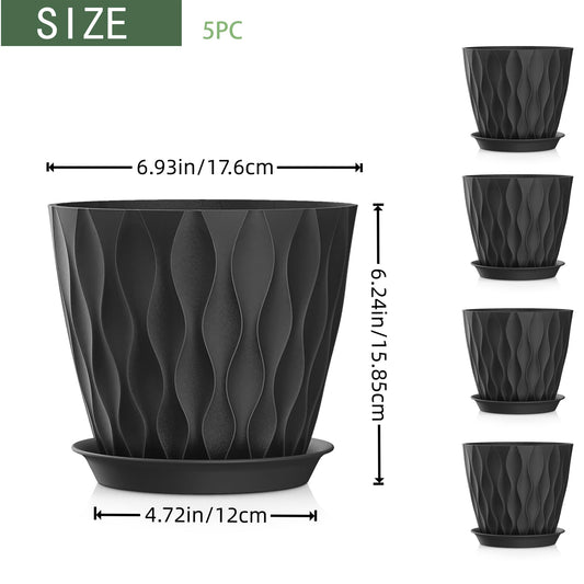SQKH 7 Inch Plant Pots 5 Pack, Flower Planters with Drainage Holes and Trays,Plastic Pots for Indoor Outdoor Plants,Black