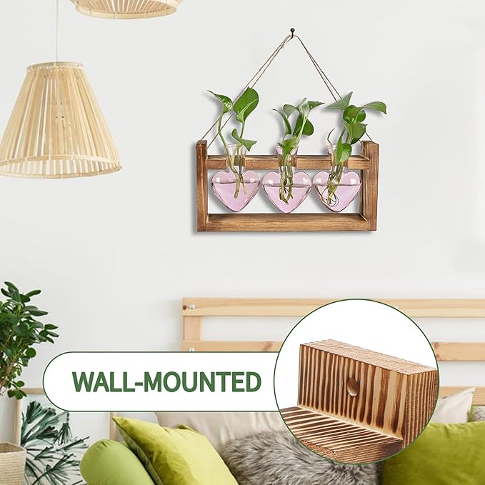 Plant Terrarium Propagation Stations Hydroponics Home Garden Decoration Gift for Women with Wooden Stand Heart Shaped Colored Glass Vase