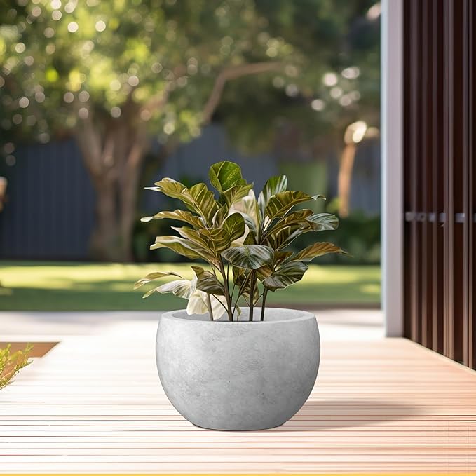 Kante 15.7" Dia Round Concrete Planter, Outdoor/Indoor Large Bowl Plant Pots with Drainage Hole and Rubber Plug for Garden Patio Balcony Home, Natural Concrete