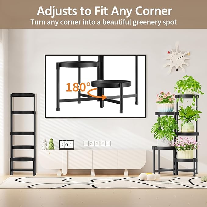 LASZOLA 5 Tiered Folding Plant Stand Indoor for Multiple Large Planter, Tall Heavy Duty Adjustable Rack with Rust Proof Plastic Shelving, Sturdy Vertical Tree Organizer for Narrow Inside Floor, Black