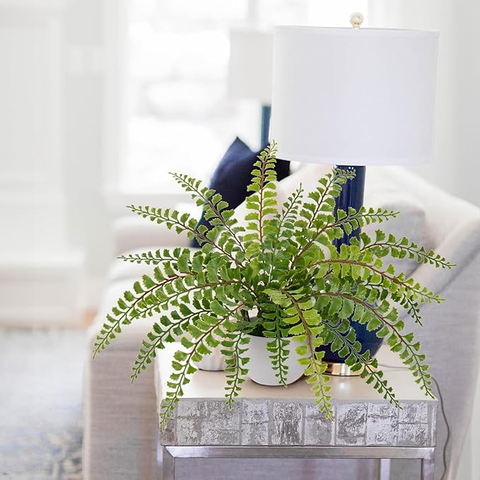 Hollyone Artificial Fern Potted Plant for Outdoors Indoors Lifelike Faux Boston Fern Artificial Plants in White Pot for Garden Patio Home Farmhouse Windowsill Office Decoration