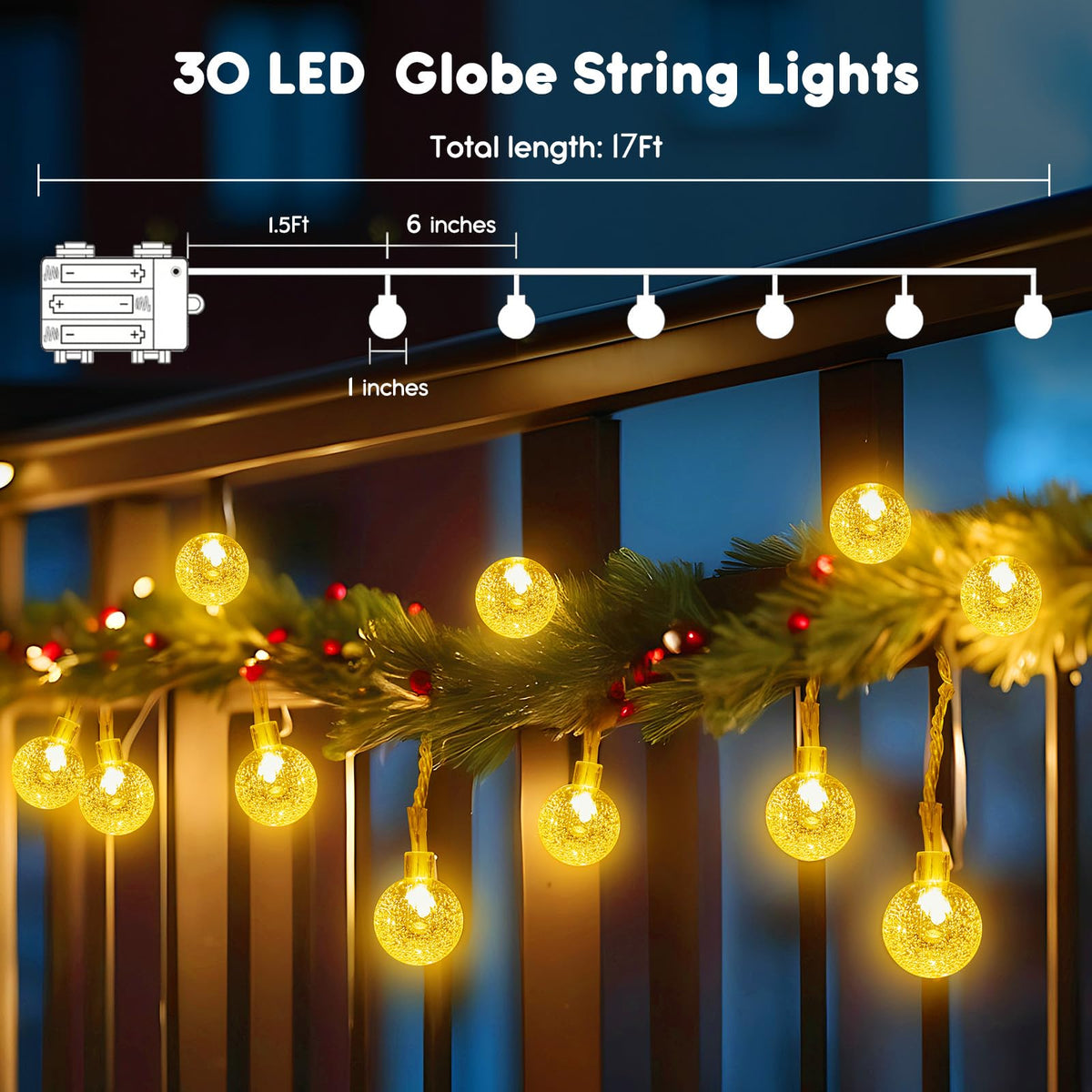 Minetom Crystal Globe String Lights Battery Operated - 17 ft 30 LED Globe Fairy String Lights with Remote, Waterproof for Indoor Bedroom Tent Loft Bed Patio Party Wedding Decor, Warm White