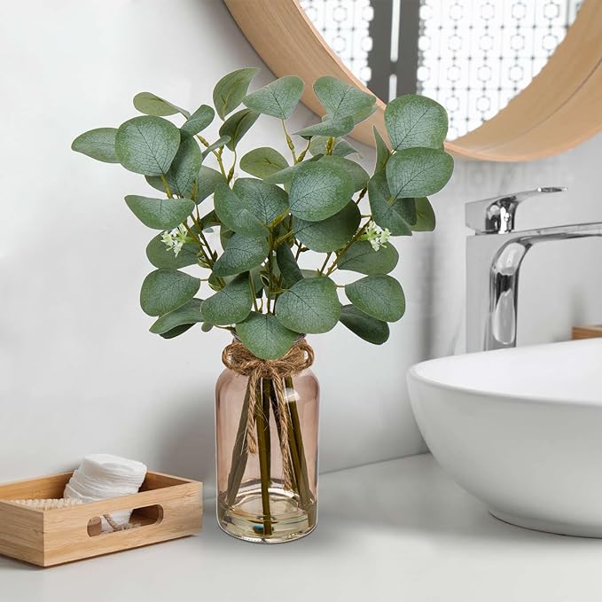 Briful Artificial Eucalyptus Stems in Teal Glass Vase with Faux Water, 14" Fake Plant Eucalyptus Leaves for Home Farmhouse Wedding Centerpiece Bathroom Décor