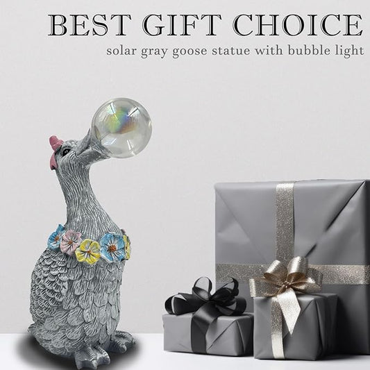Porch Goose Statue with Solar Bubble Light Garden Gray Figurine Decor for Yard Lawn Patio Outdoor Decorations Housewarming Gifts for Mom Grandma Women