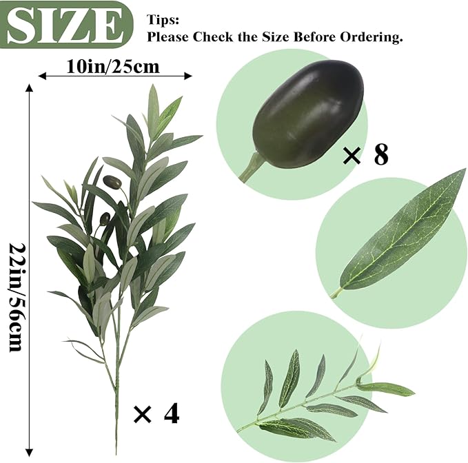 Abyjifar 4 Pcs Artificial Olive Branches for Vase, 22" Fake Greenery Olive Leaves Stems Faux Tabletop DIY Plants for Home Office Cafe Wedding Party Decor (4 Branches)