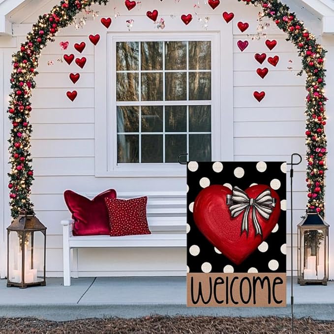 Valentines Day Welcome Garden Flag 12x18 Inch Double Sided Outside Polka Dot Red Heart with Bow Love Outdoor Seasonal Yard Holiday Decorations