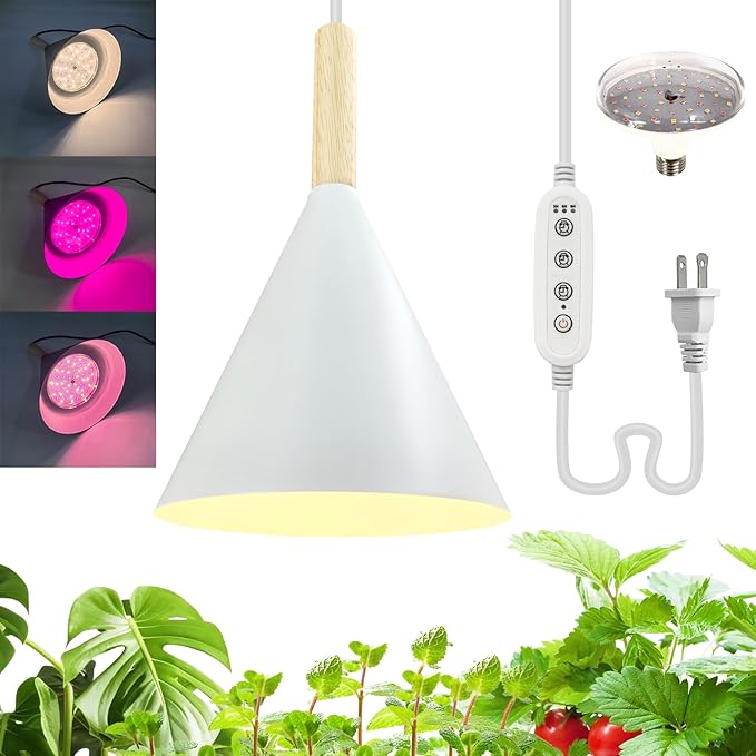 Hanging Grow Lights for Indoor Plants,Pendant Plant Lights for Indoor Growing,15W Full Spectrum, with Timer and 15FT Power Cord, Hanging Grow Light,Large Tall Plant Greenhouse (White)