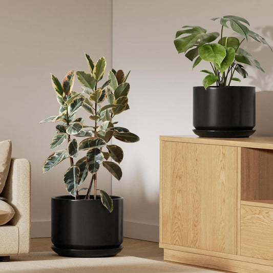 LE TAUCI 10 + 12 Inch Ceramic Plant Pots, Set of 2, Black
