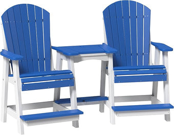 LuxCraft Poly Tete-a-Tete Patio Table and Counter Height Balcony Chairs with Umbrella Hole, Weatherproof Outdoor Patio Furniture Set for Outside - Amish Made in USA (Blue & White)