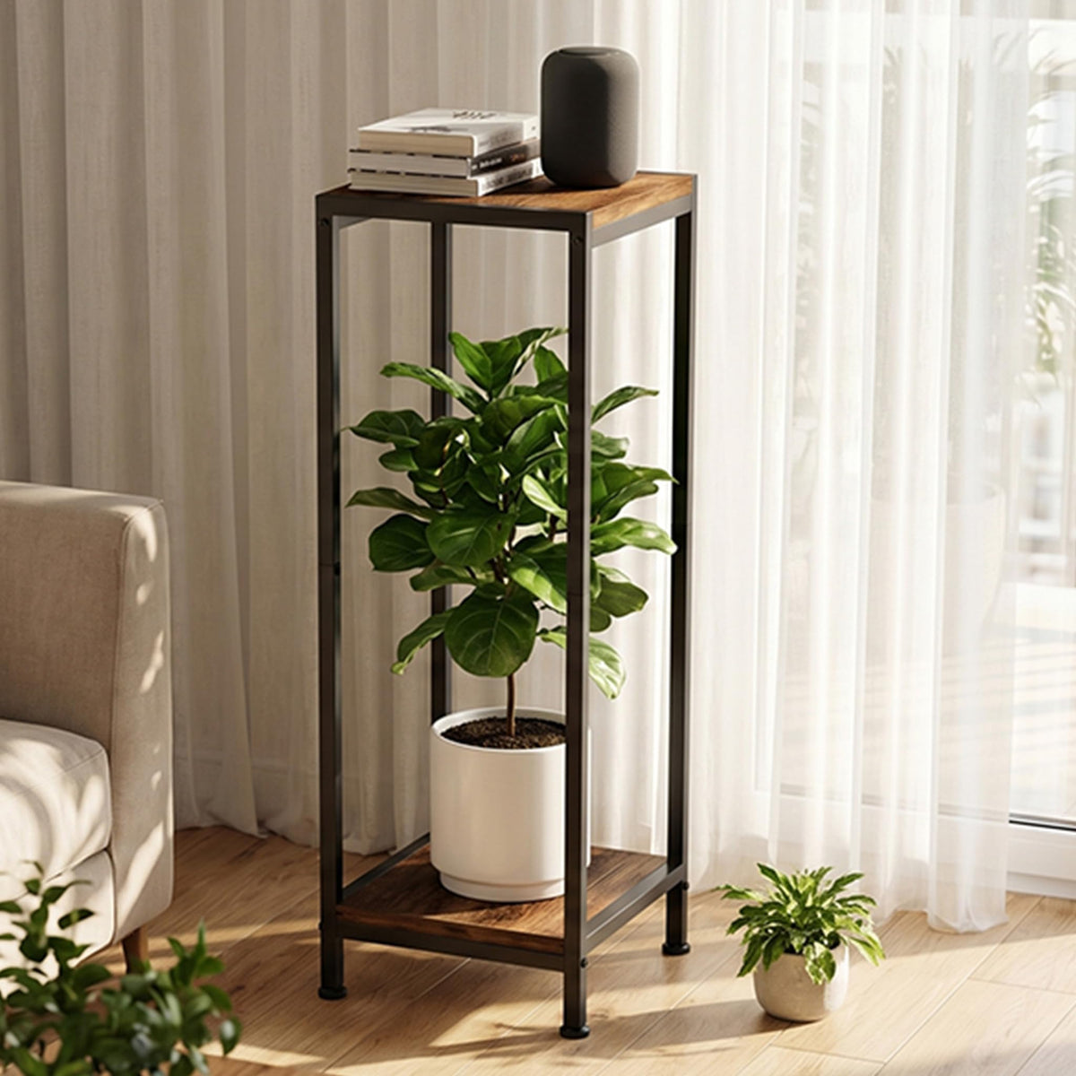 TOSKING 2-Tier Tall Wood Plant Stand Indoor, 30-Inch Shelf, Brown & Black
