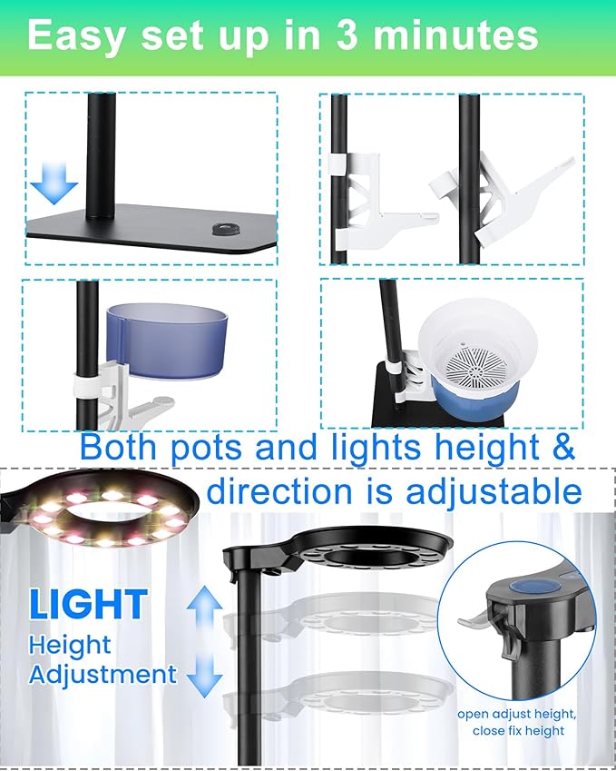 Indoor Plant Hydroponics Growing System Tower Kit with Grow light,Herb Vegetable Indoor Garden Growing System with Standing Floor Tall LED Grow Light,Height Adjustable with Timer & Metal Stand (Large)