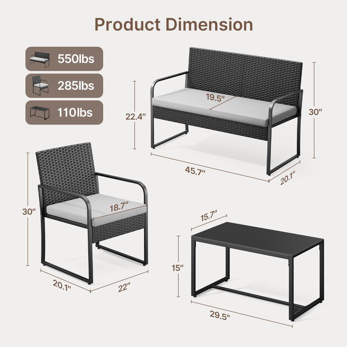 Gizoon 4 Piece Patio Furniture Set, Cushion-Grey
