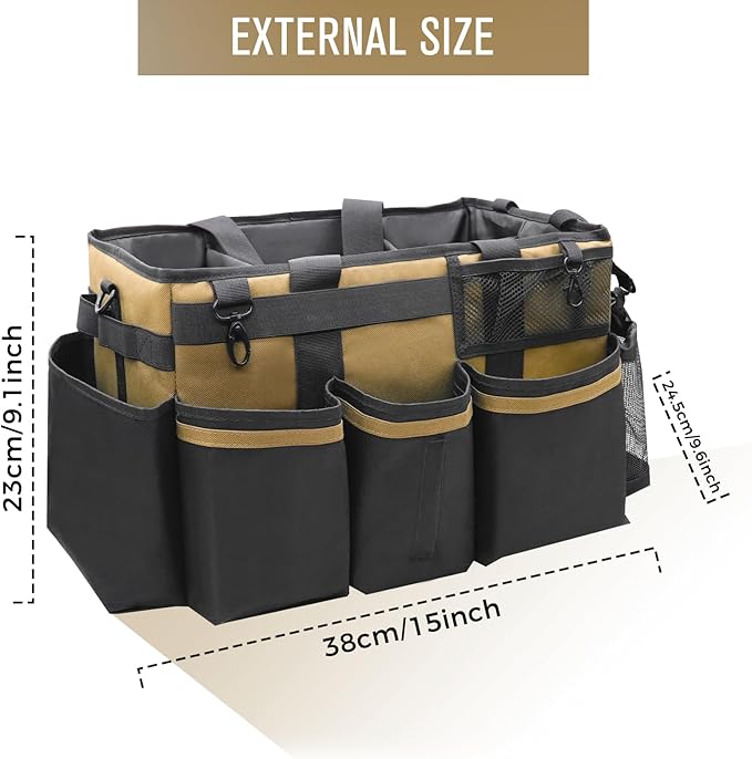 Wearable Cleaning Caddy Organizer with Handle & Shoulder Straps for Housekeepers, Under Sink & Car Cleaning Tool Organizer Bag with 4 Foldable Dividers (Tan)