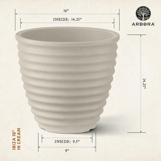 ARBORA 16" Ibiza Polyresin Indoor and Outdoor Planter with Classic Cream Finish - Durable, Weatherproof, Lightweight, Large Plant Pot for Patio, Garden, Deck, Entryway - 2 Pack