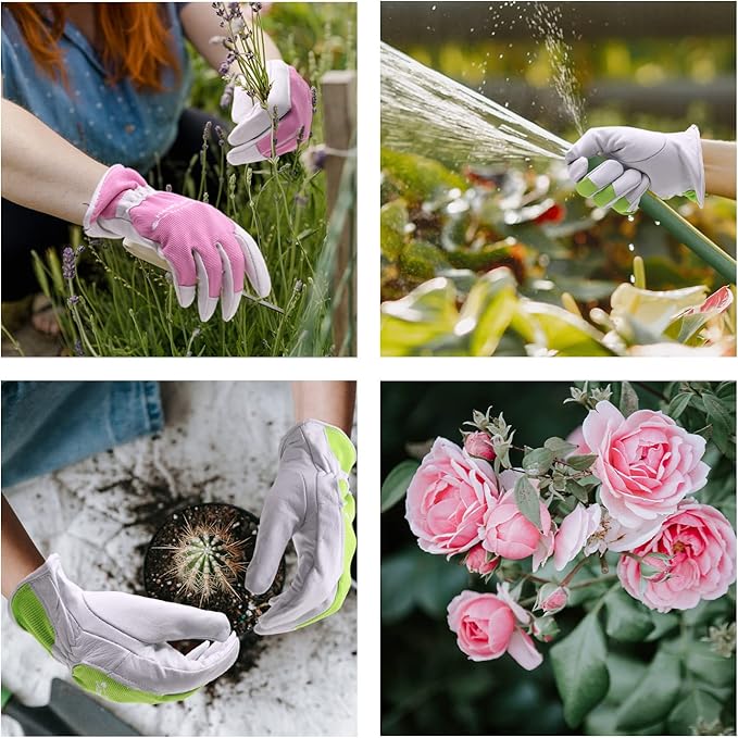 HANDLANDY Work Gloves for Women, Breathable Leather Gardening Glove for Yard Maintenance, Hand Protection with Touch Screen for Gardeners, Farmers
