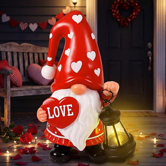Retisee Solar Valentine's Day Garden Statue Resin Gnome Statue with Hearts LED Lights Outdoor Love Solar Light Figurine Decoration for Yard Patio Lawn Gift for Valentine's Day Anniversary