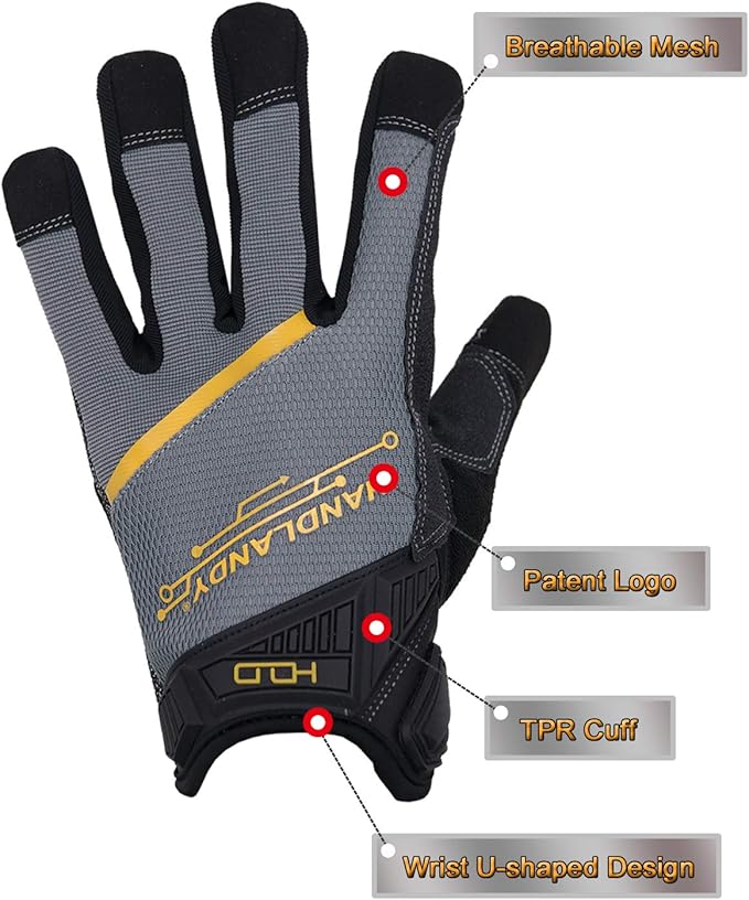 HANDLANDY Mens Work Gloves Touch screen, Utility Mechanic Gloves, Flexible Breathable Fit- Padded Knuckles & Palm